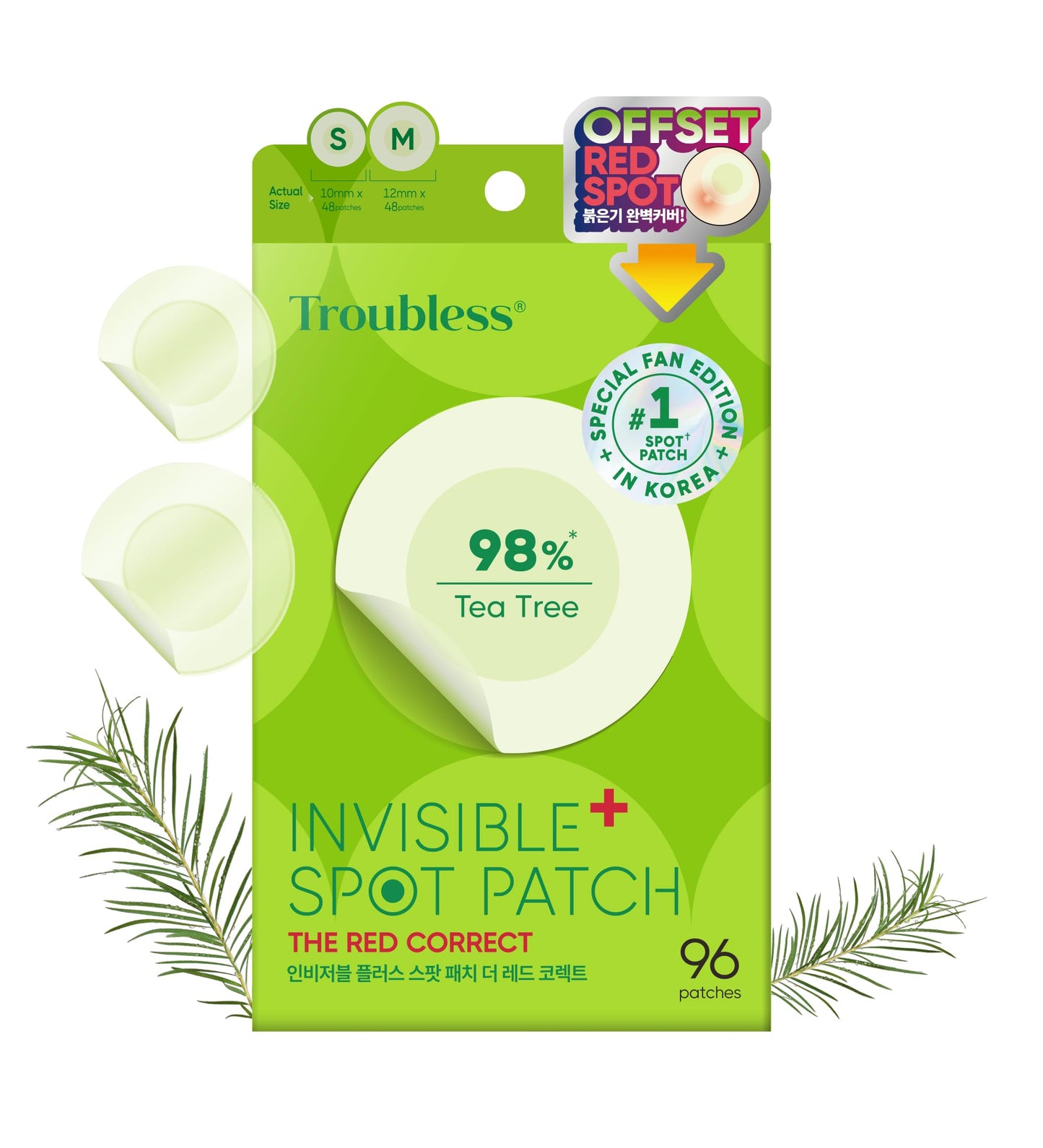 Troubless Invisible Spot Patch The Red Correct - Thin Hydrocolloid w/ 98% Tea Tree Extract for Redness - High-Absorption, Seamless Adhesion & Easy-Wear Zit Patches for Face 96 Patches